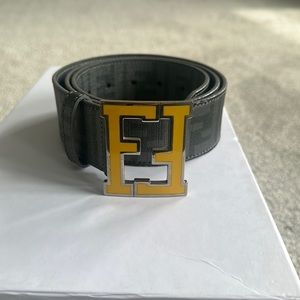 Genuine Zucca Fendi belt with yellow logo buckle and gray logo strap